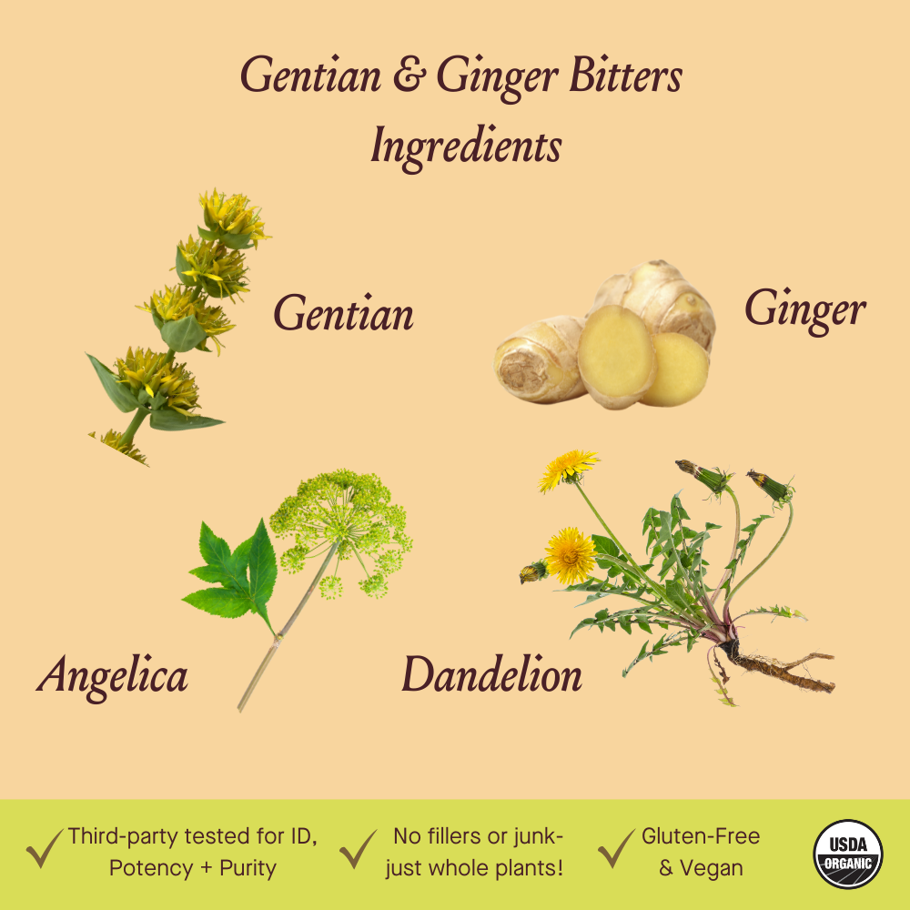 Illustration of Gentian, Ginger, Angelica, and Dandelion with text on ingredients and certifications.