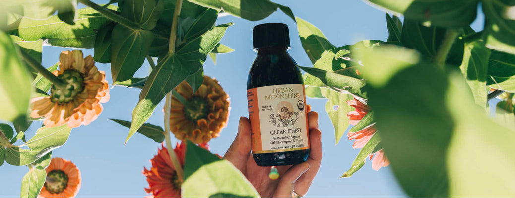 Hand holding a bottle of Clear Chest among flowers and greenery